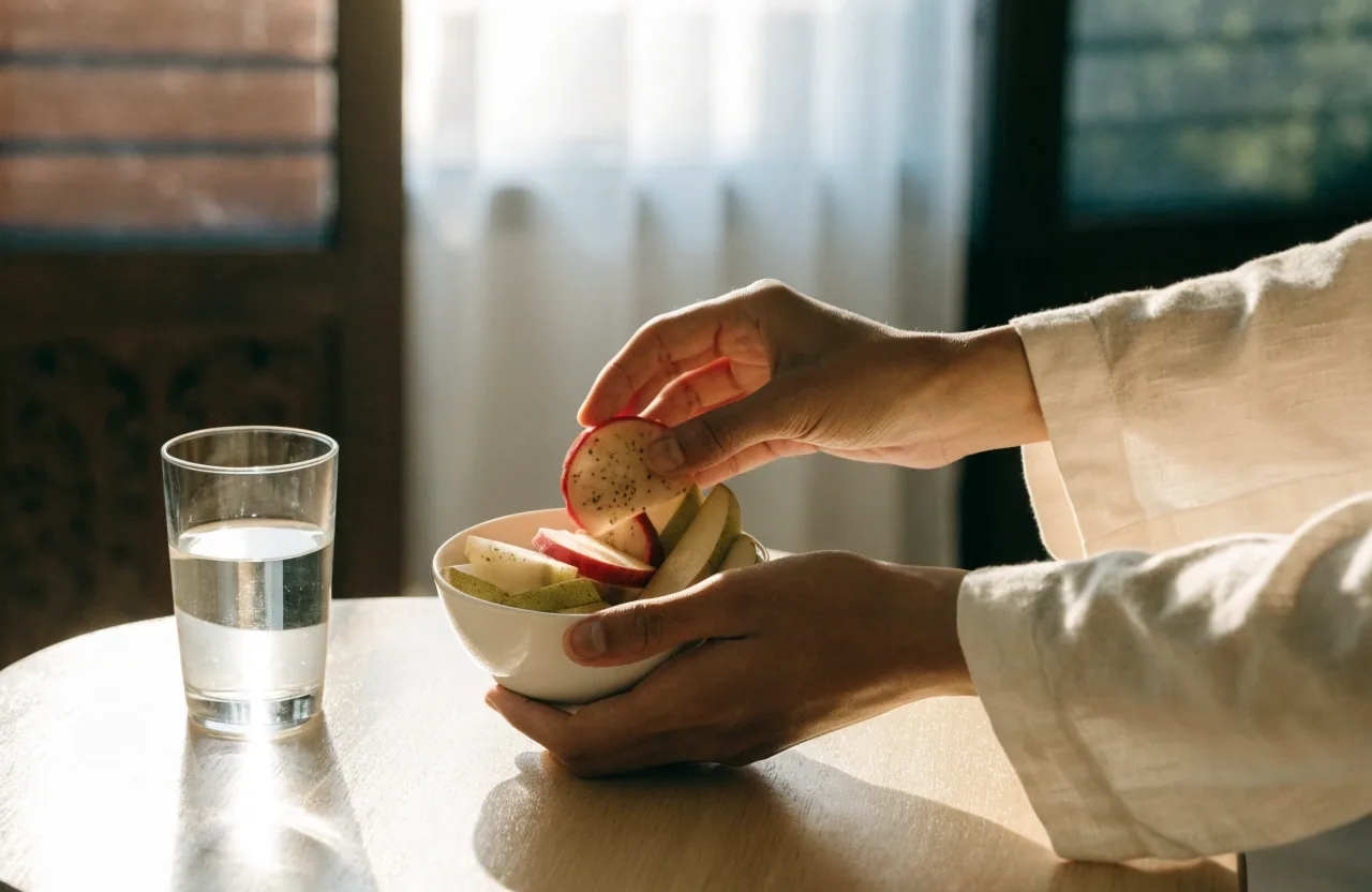 A consultation table from above with two cups, a blank notepad and a dish of sliced fruit in daylight