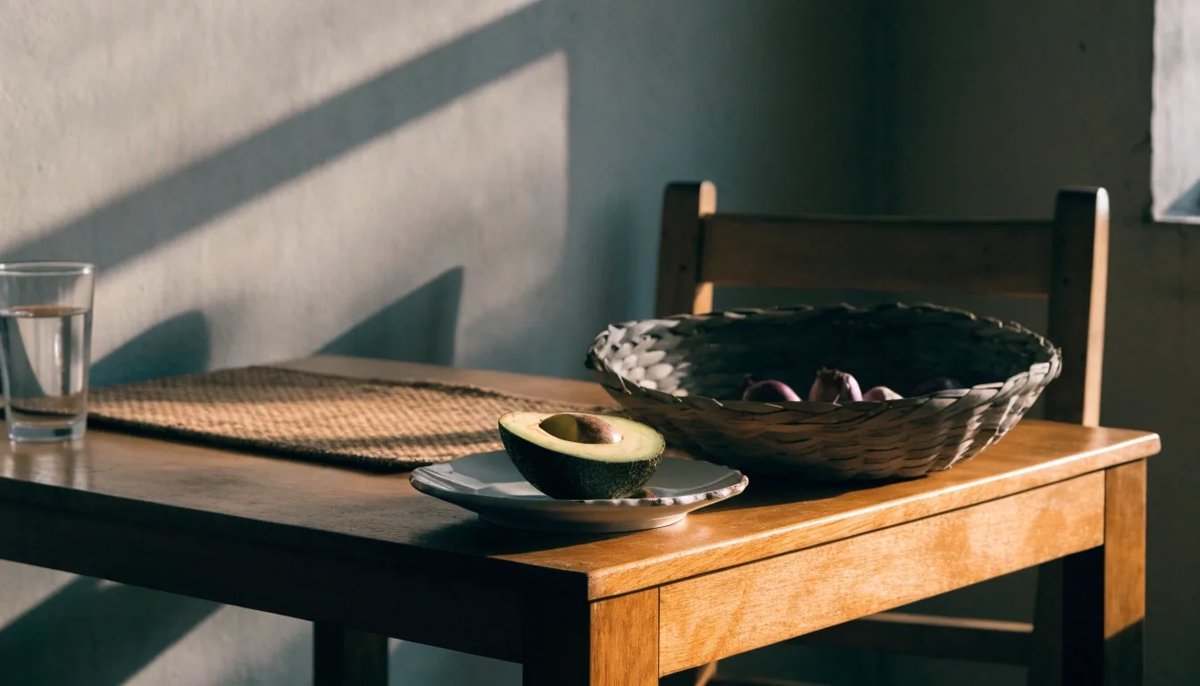 An empty kitchen threshold in Denpasar with a prep counter, shallow bowl and folded cloth in neutral afternoon light