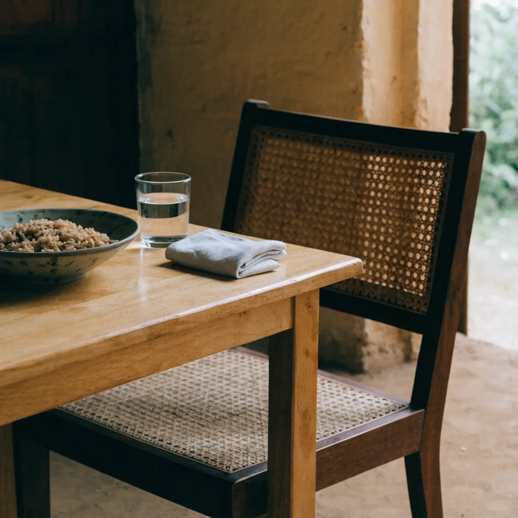 Empty Balinese kitchen table in afternoon light with a bowl, a folded cloth and a chair pulled out