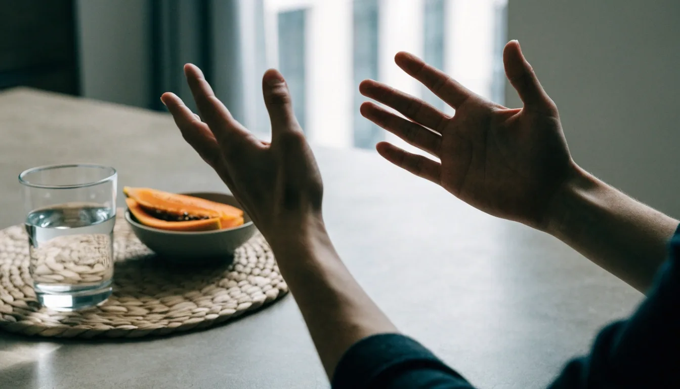Hands mid-gesture across a kitchen table beside a glass of water and sliced fruit during an online consultation
