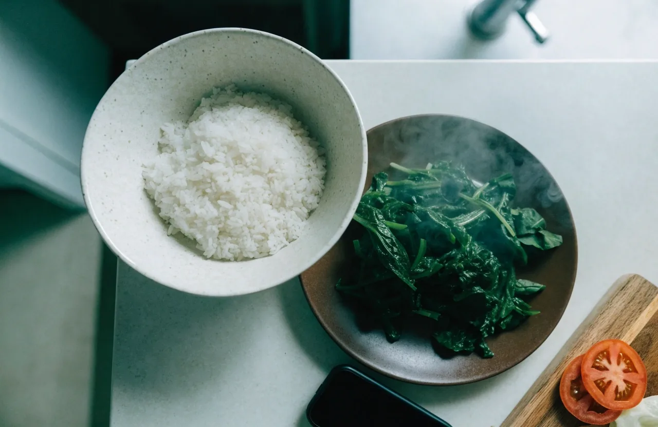 Overhead crop of a plate of greens, rice and tomato on a kitchen counter beside a face-down phone