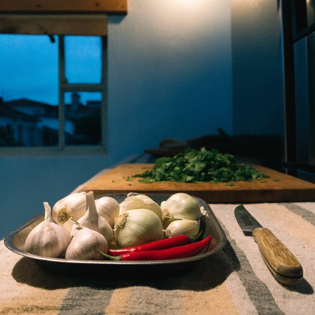 A bare kitchen counter with shallots, garlic, a knife and half-cut greens