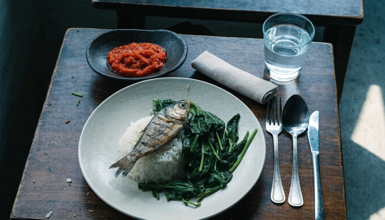 An overhead view of a warung table with rice, grilled fish, greens and water