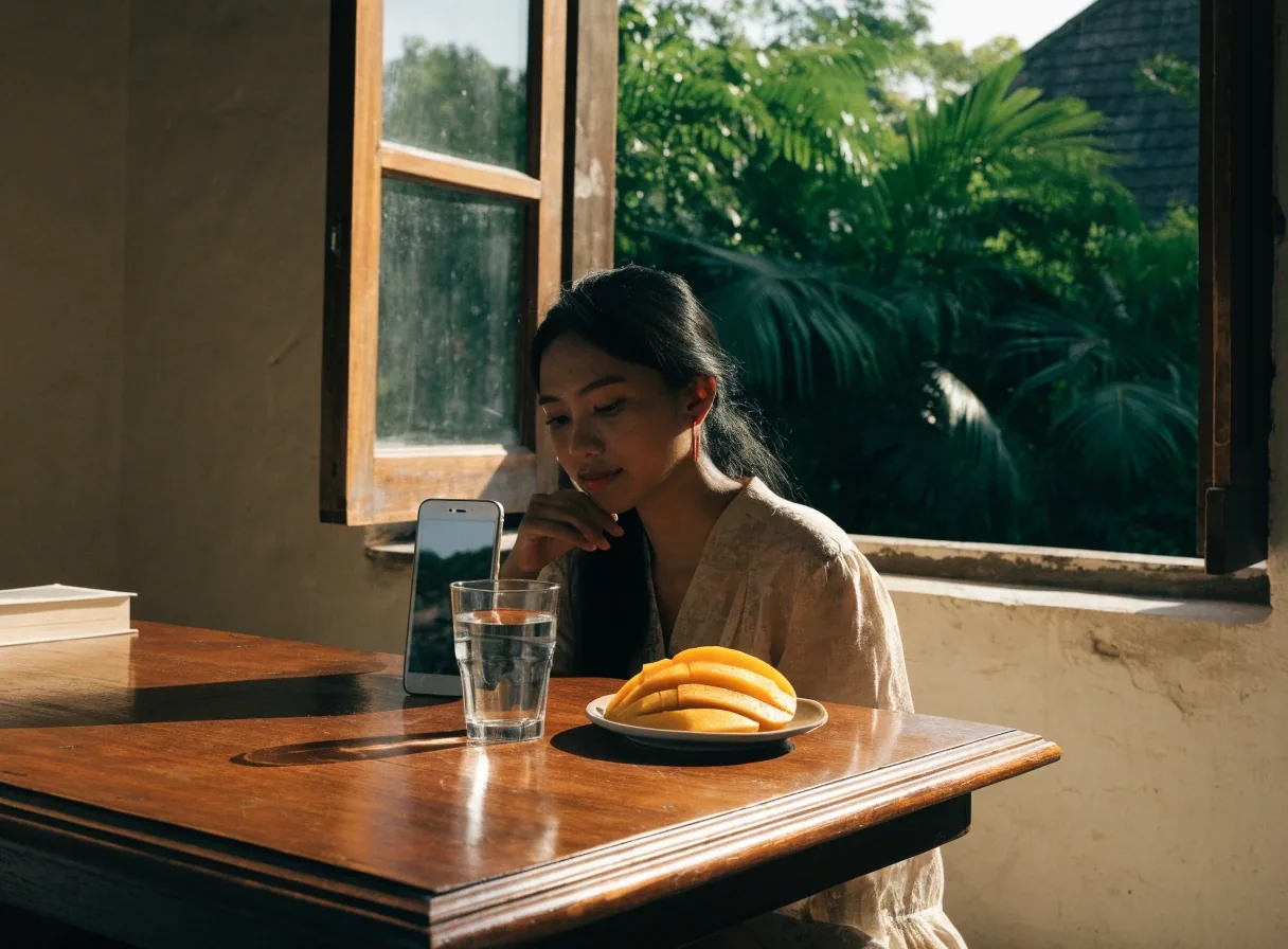 A bright room in a Bali home where someone joins an online consultation from a table by a window