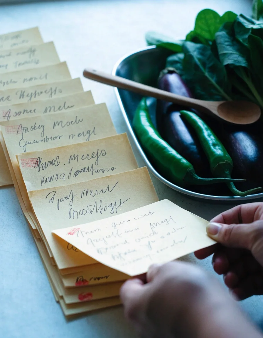 A weekly meal plan laid out as paper slips next to a tray of fresh vegetables on a kitchen counter